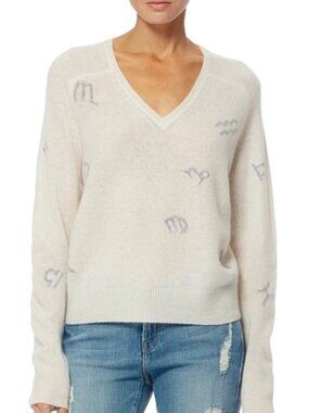 360 CASHMERE SKULL CASHMERE Ivory Cashmere Knit Zodiac V-Neck Sweater, Size S
